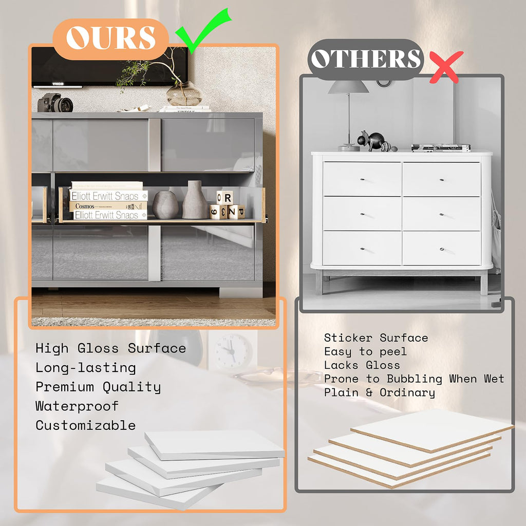 6 Drawer Dresser, Modern Storage Chest, High Gloss Finish, Grey