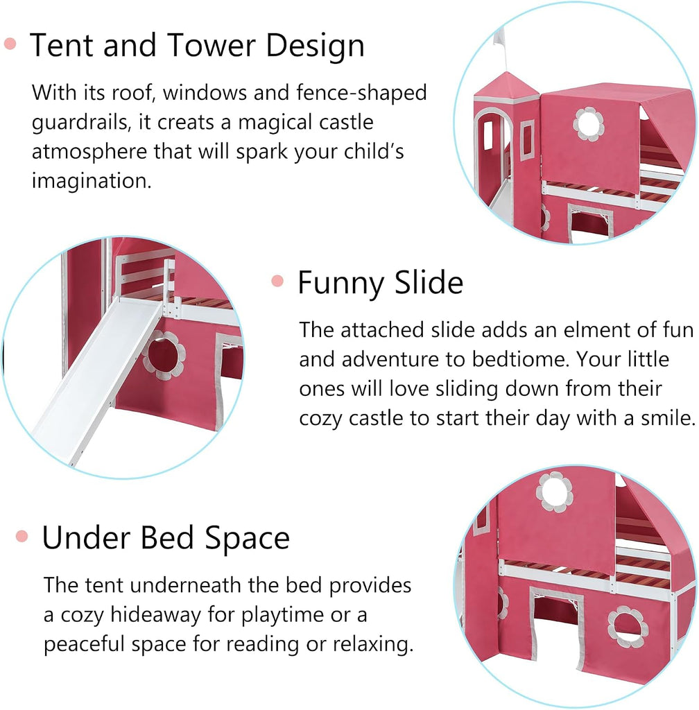 Castle Loft Bed with Slide & Tent and Tower, Playhouse Design Spacious Under Bed Space with Curtains, Wood Tent Bed