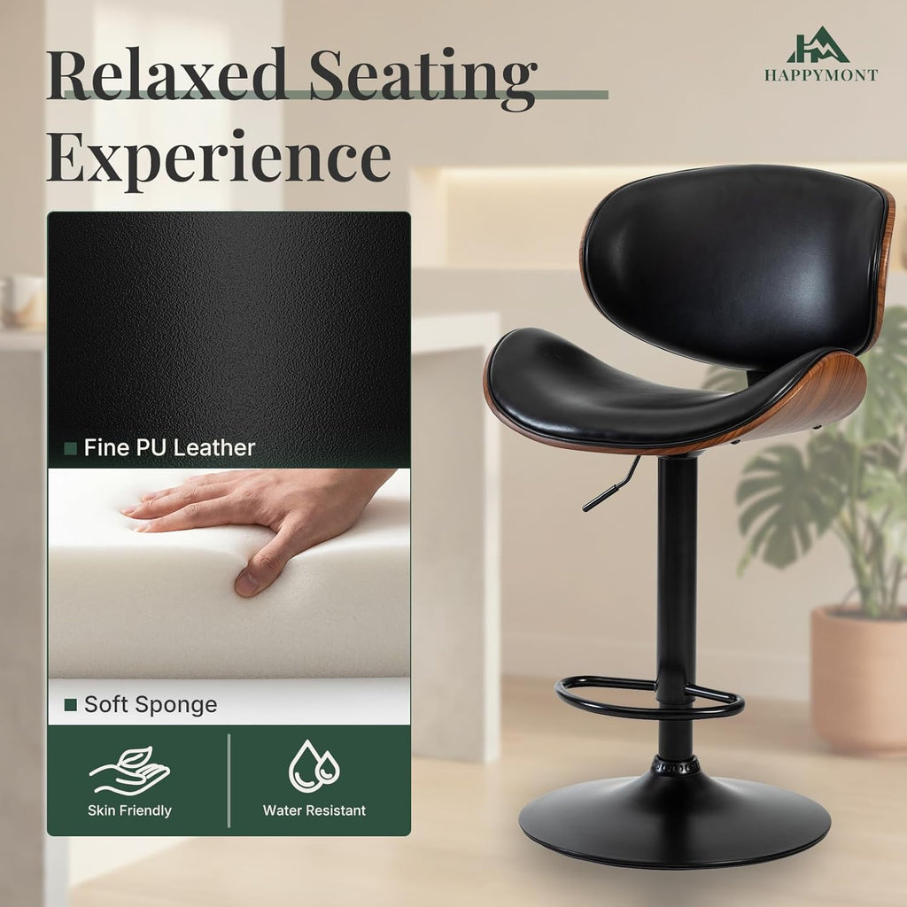 Swivel Bar Stools Set of 4 with Removable Back, Adjustable Height 37-45 Inch Bentwood Barstools, PU Leather