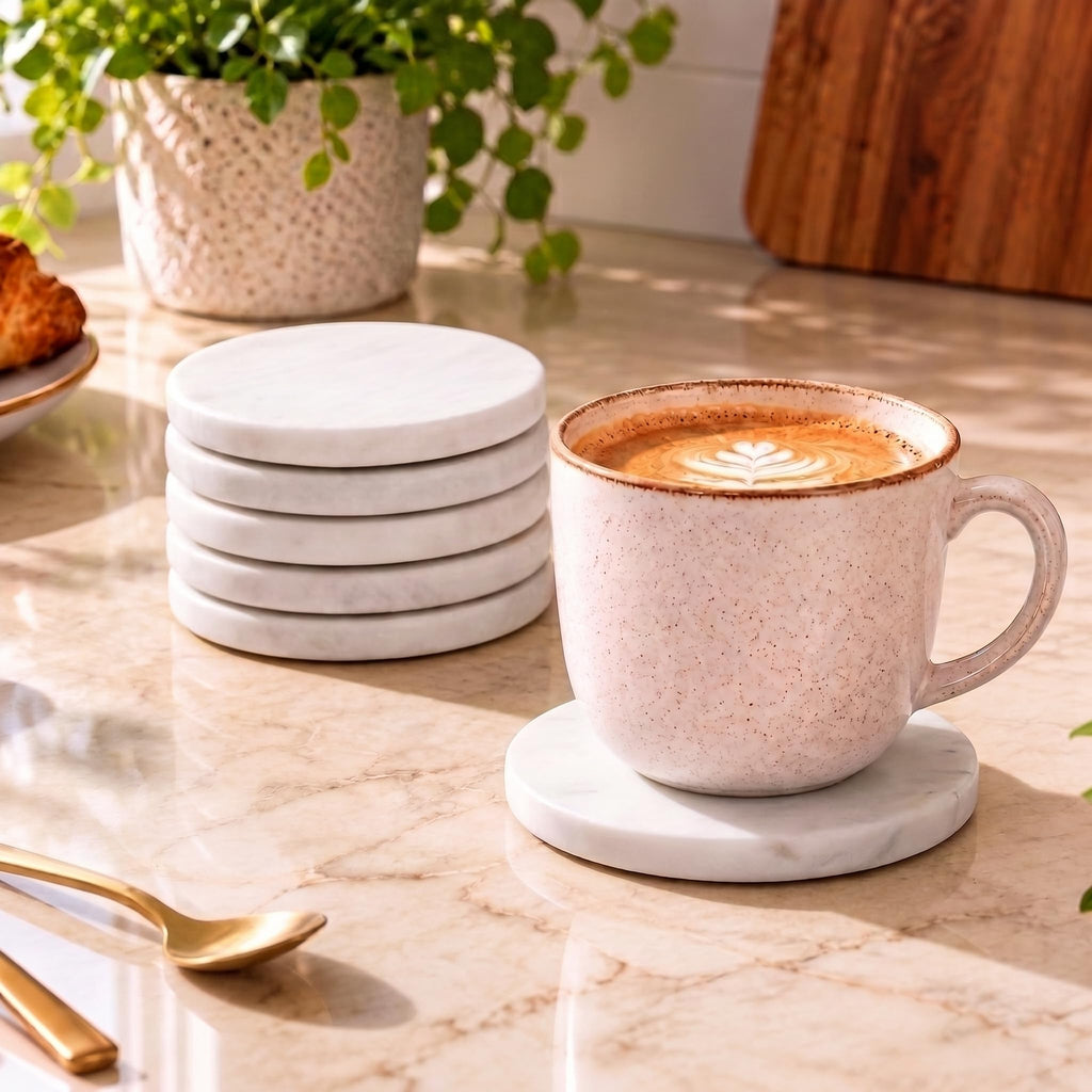 Marble Coasters Set of 6 for Drinks, 3.5 Inch Round Coaster