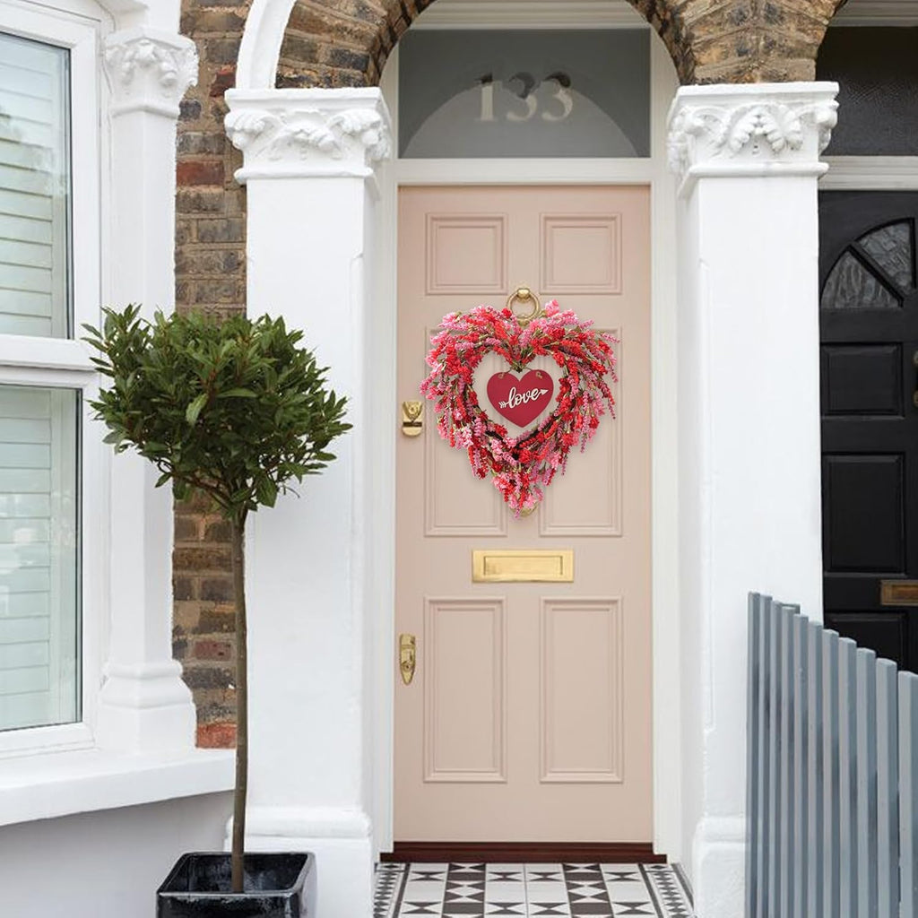 18 Inch Valentine's Day Wreath for Front Door Spring/Summer Red Flower Heart Wreath with Sign for Wedding Window Home