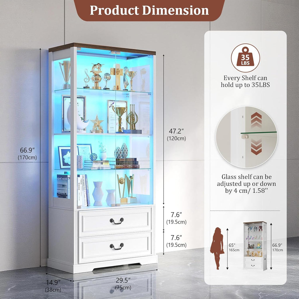 67" Tall Display Cabinet with Glass Doors and 2 Drawers, White | Curio Cabinet with LED Lights, Human Sensor, Display
