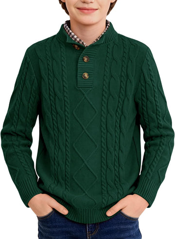 Boys Winter Cable Knit Sweater Mock Neck Button Pullover