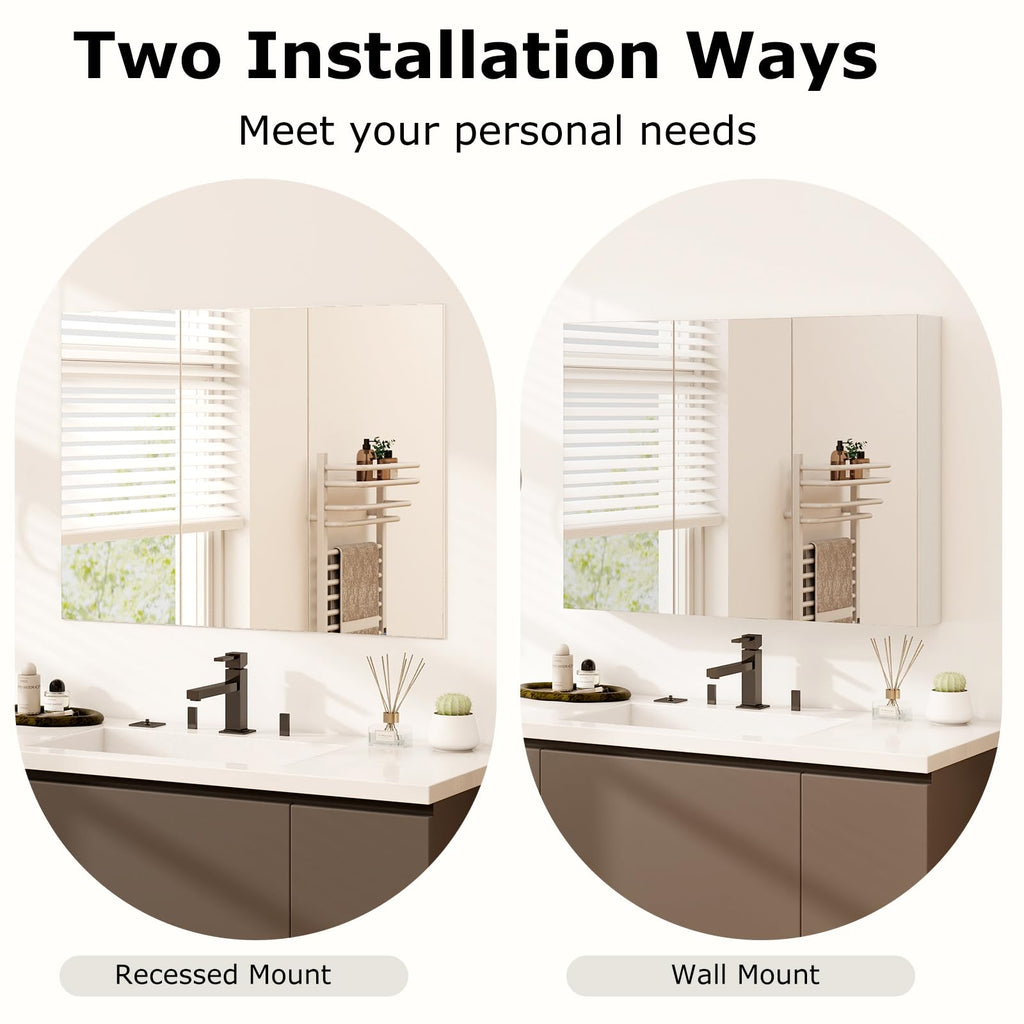 Mirrored Medicine Cabinet, Large Wide Wall Mounted Storage Cabinet with 3 Mirror Doors, Hanging Bathroom Organizer