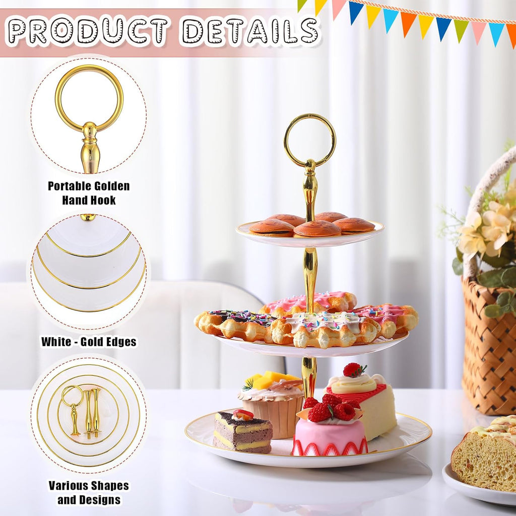 Tier Cupcake Stand Bulk Tiered Dessert Stand Thick Plastic Serving Tray with Gold Edges Dessert Table - Set of 8