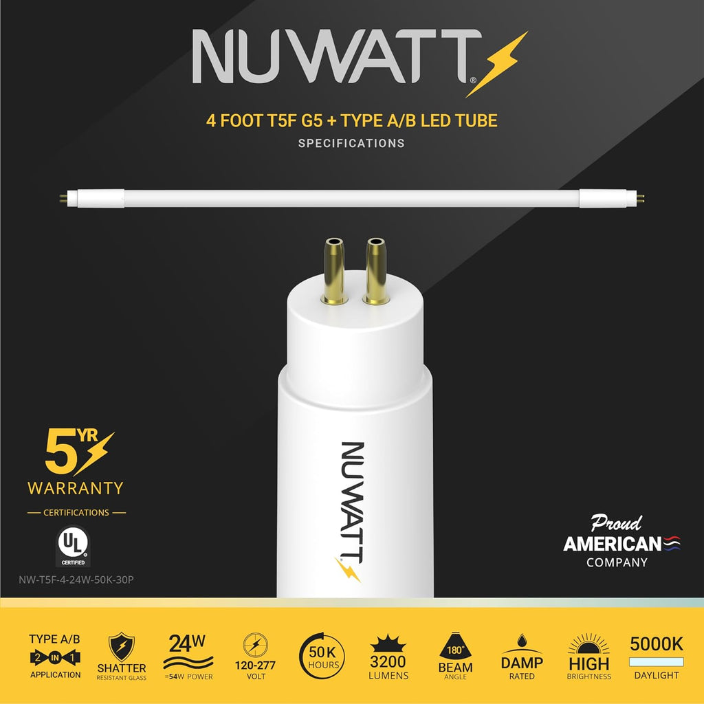 30 Pack 4FT T5 LED Bulbs Dimmable, 5000K Daylight, Single/Dual Ended