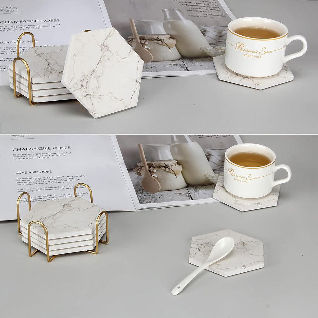 Cute Marble Absorbent Stone Coaster Set with Holder White Ceramic Coster - Set of 7