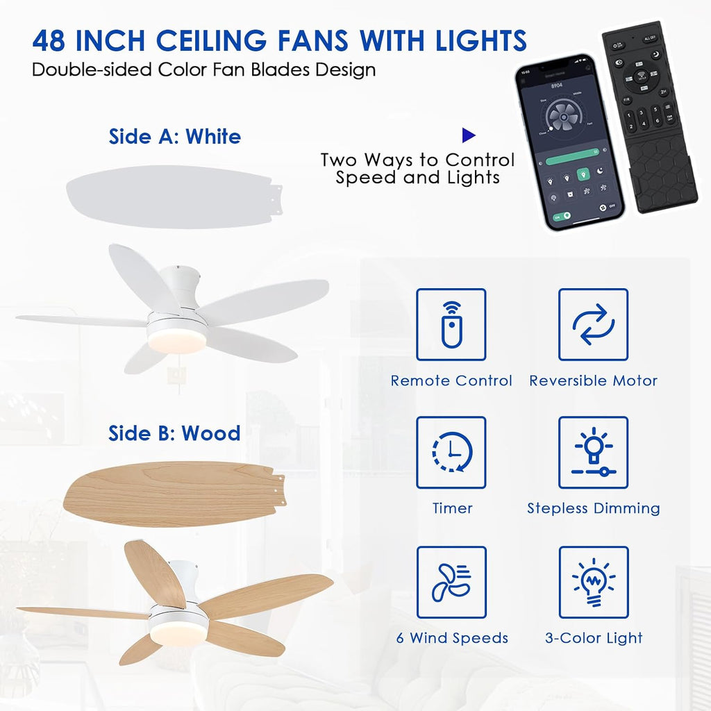 48 Inch Ceiling Fan with Light, White Flush Mount Ceiling Fan with Remote and APP Control, Dimmable and 6 Wind Speed, Modern Low Profile Fan Light for Bedroom, Covered Outdoor A101-B0DC6DDD5N
