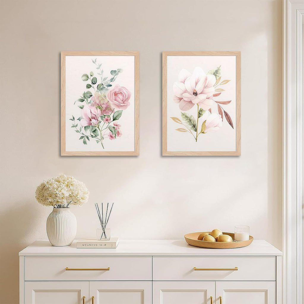 Framed Botanical Wall Art Set of 2, Pink Floral Canvas Prints with Natural Wood Frames, 16x20