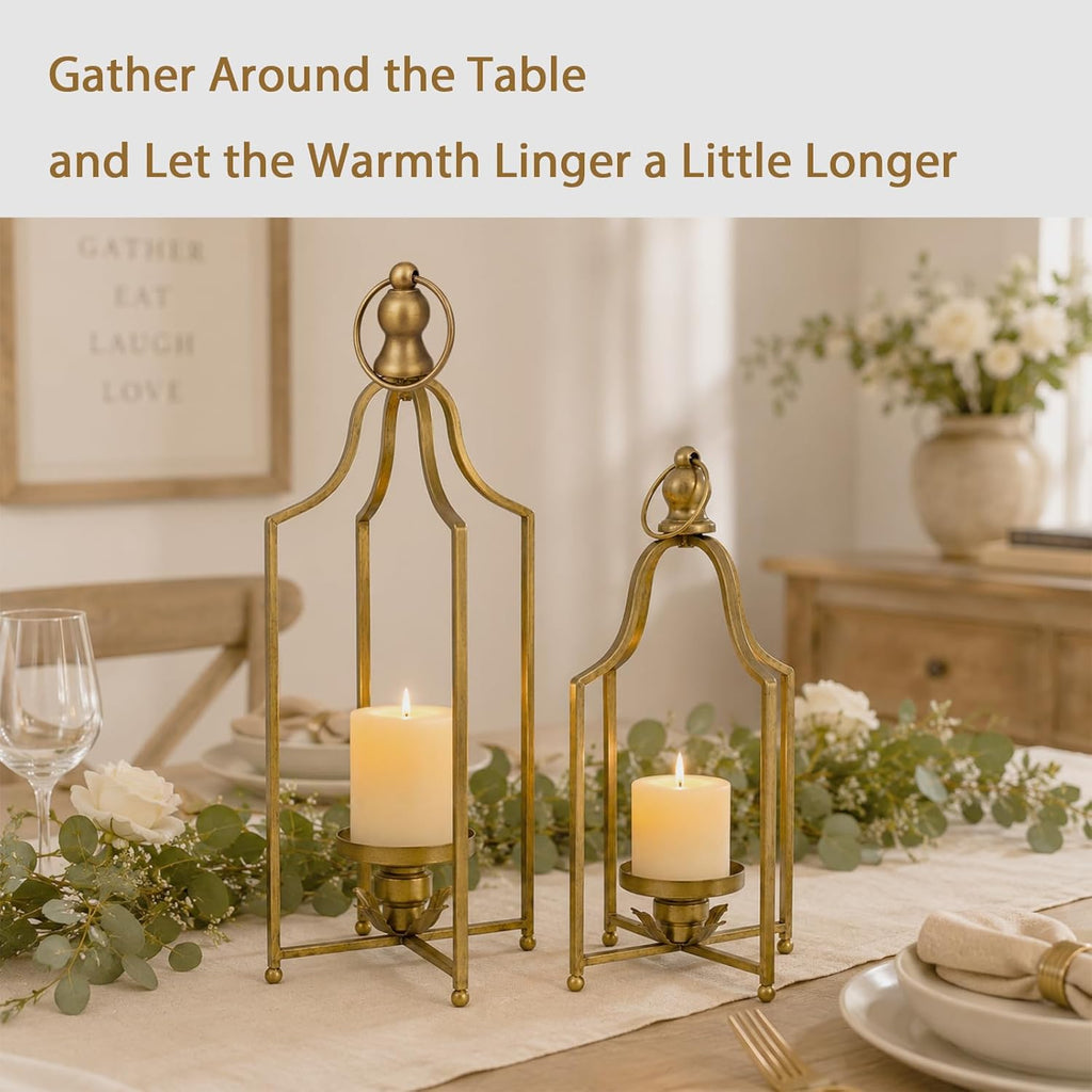 12.5" & 16.5" Timeless Cozy Decorative Lanterns Set of 2, Handcrafted Metal Iron Candle Holders, Farmhouse Elegance