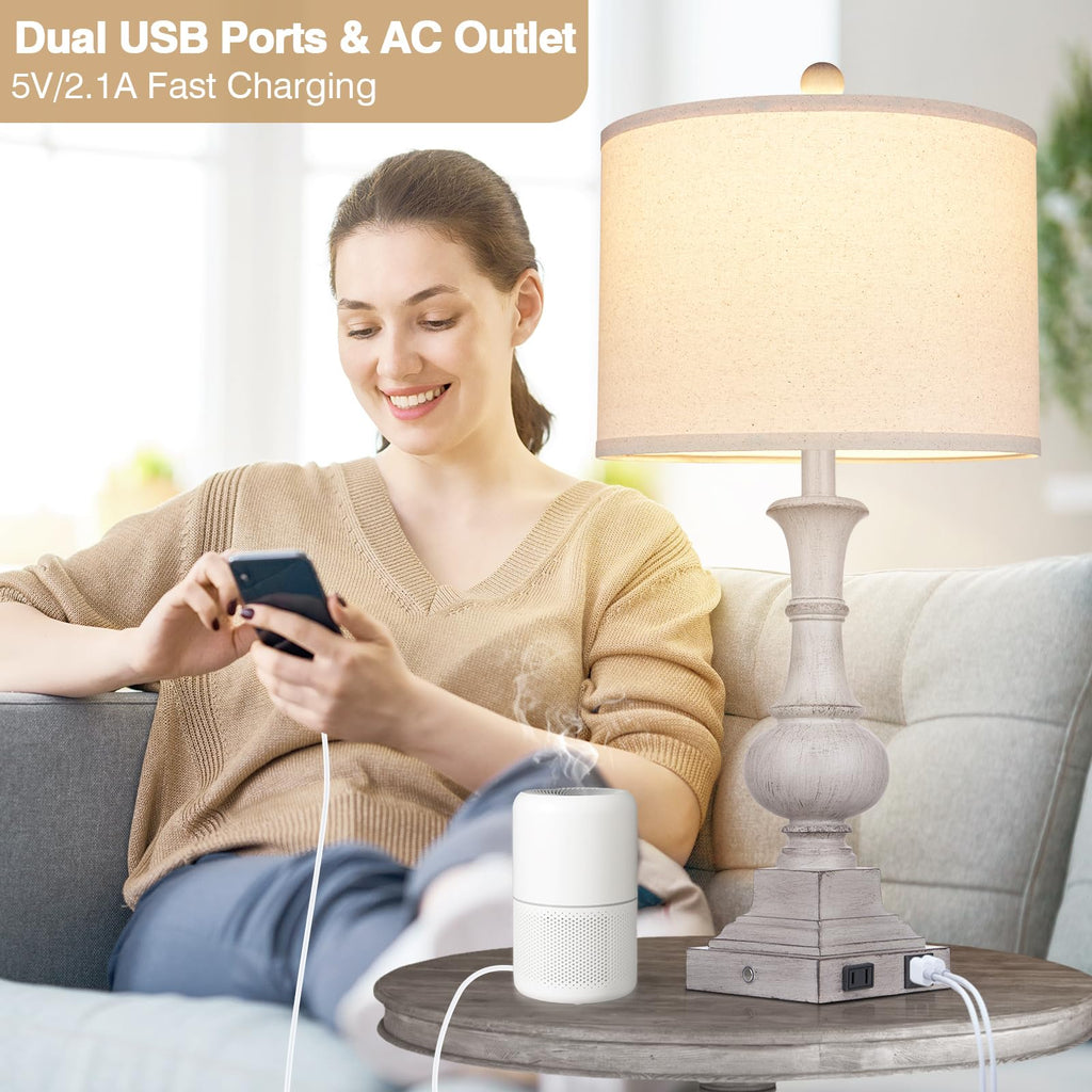 26" Farmhouse Table Lamps Set of 2, Rustic Touch Control Bedside Lamps with 2 USB Ports & AC Outlet, Vintage Resin