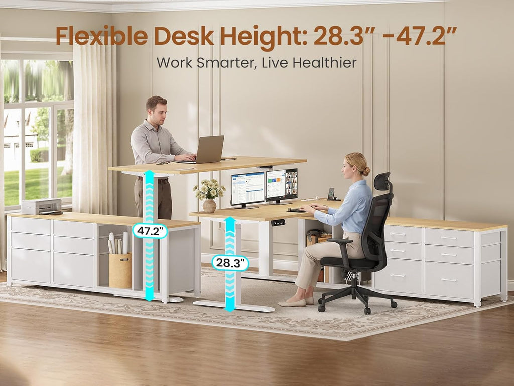 L Shaped Electric Standing Desk, 55" x 55" Height Adjustable Office Executive Desk with 6 Fabric Drawers and Storage