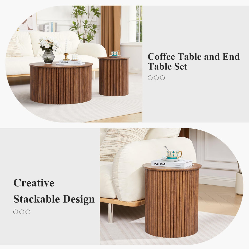 Fluted Round Nesting Coffee Table Set of 2 Circle Center Table Living Room