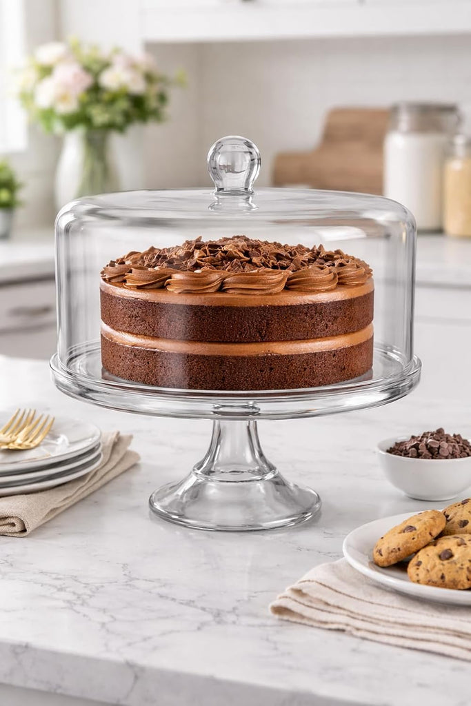 Glass Cake Stand with Dome Cover, Clear Round Pedestal Display, 10.5 Inch Base, 11 Inch Height, Single Tier