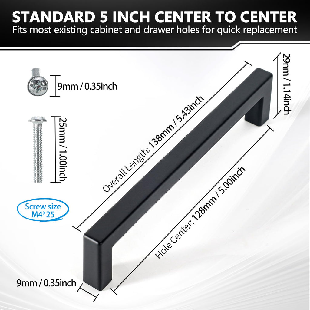 30 Pack Square Cabinet Pulls, Matte Black Kitchen Cabinet Handles, 5.43 Inch Cabinet Pulls with 5 Inch Hole Center