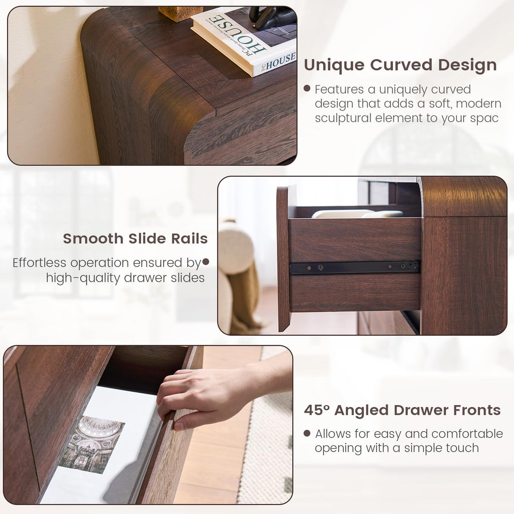 Walnut 6 Drawer Dresser, Curved Chest of Drawers, 47 Inch Wide Dresser with Deep Drawers, Modern Drawer Closet s