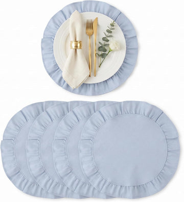 Round Ruffled Linen Blend Placemats, 15 Inch Scalloped Table Mats - Set of 4