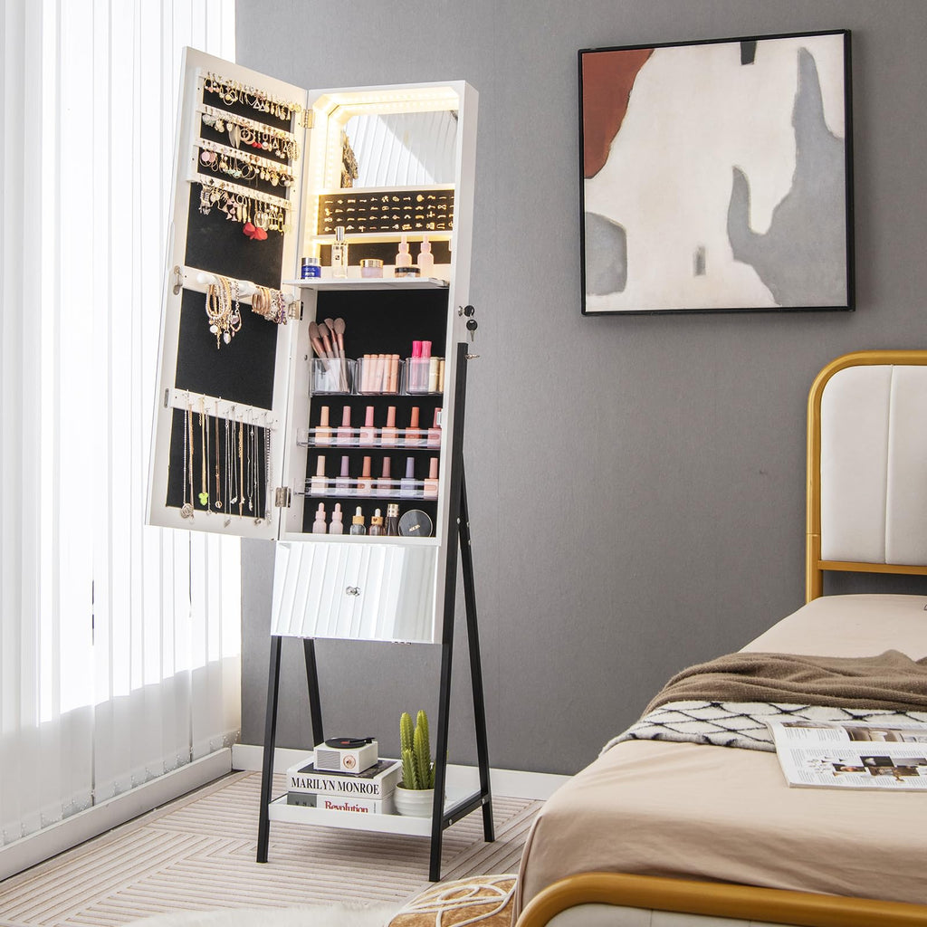 Jewelry Cabinet Armoire with Full Length Mirror, 3-Color Light Strips, Mirrored Tilt out Drawer, Lockable Standing