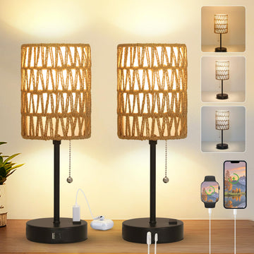 Rattan Bedside Table Lamps Set of 2 - Boho Lamps With 3 Color Temperatures & USB AC Port, Pull Chain Table Lamp