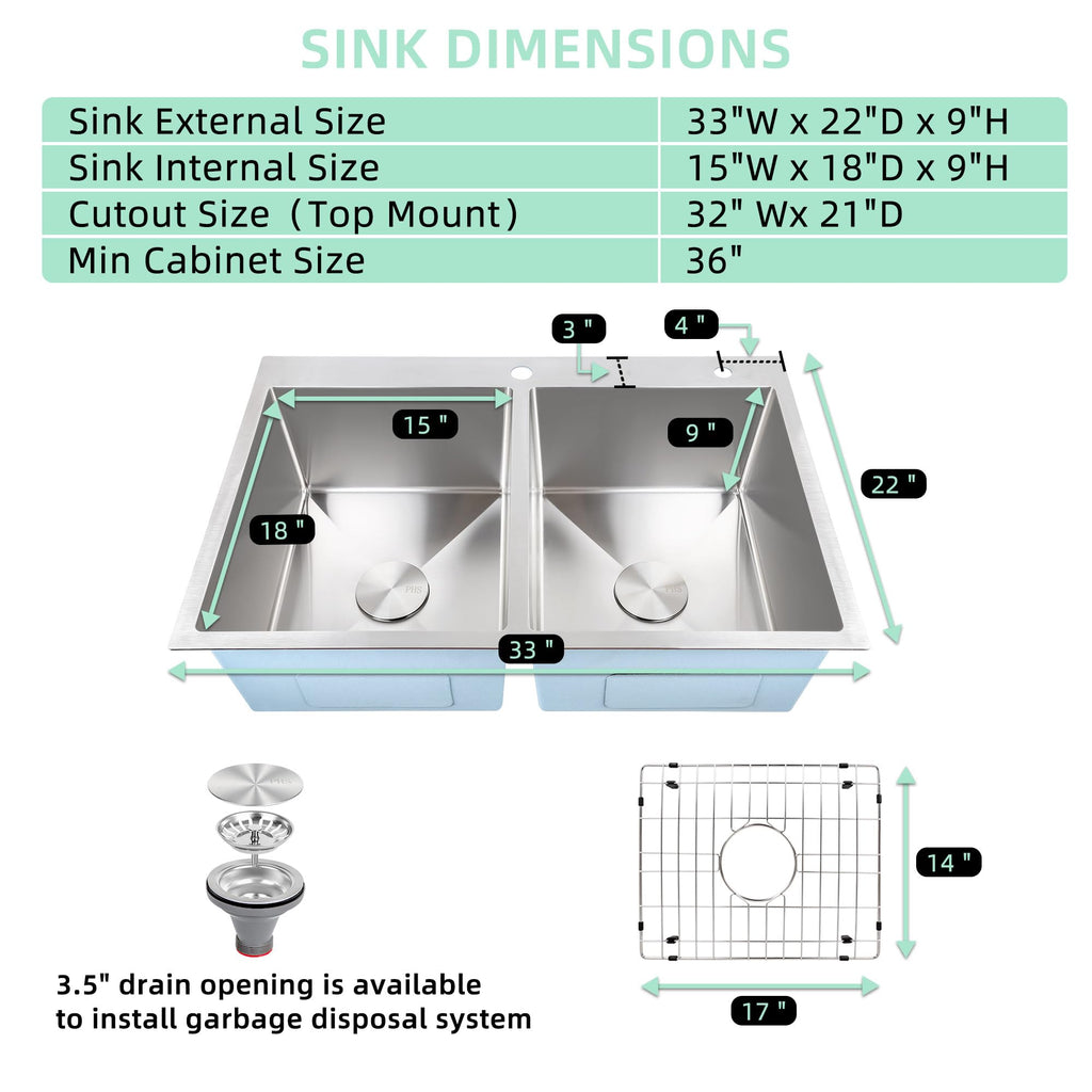 33 Inch Drop In Double Bowl Kitchen Sink 50/50-16 Gauge Stainless Steel Overmount Kitchen Sink 33x22 with