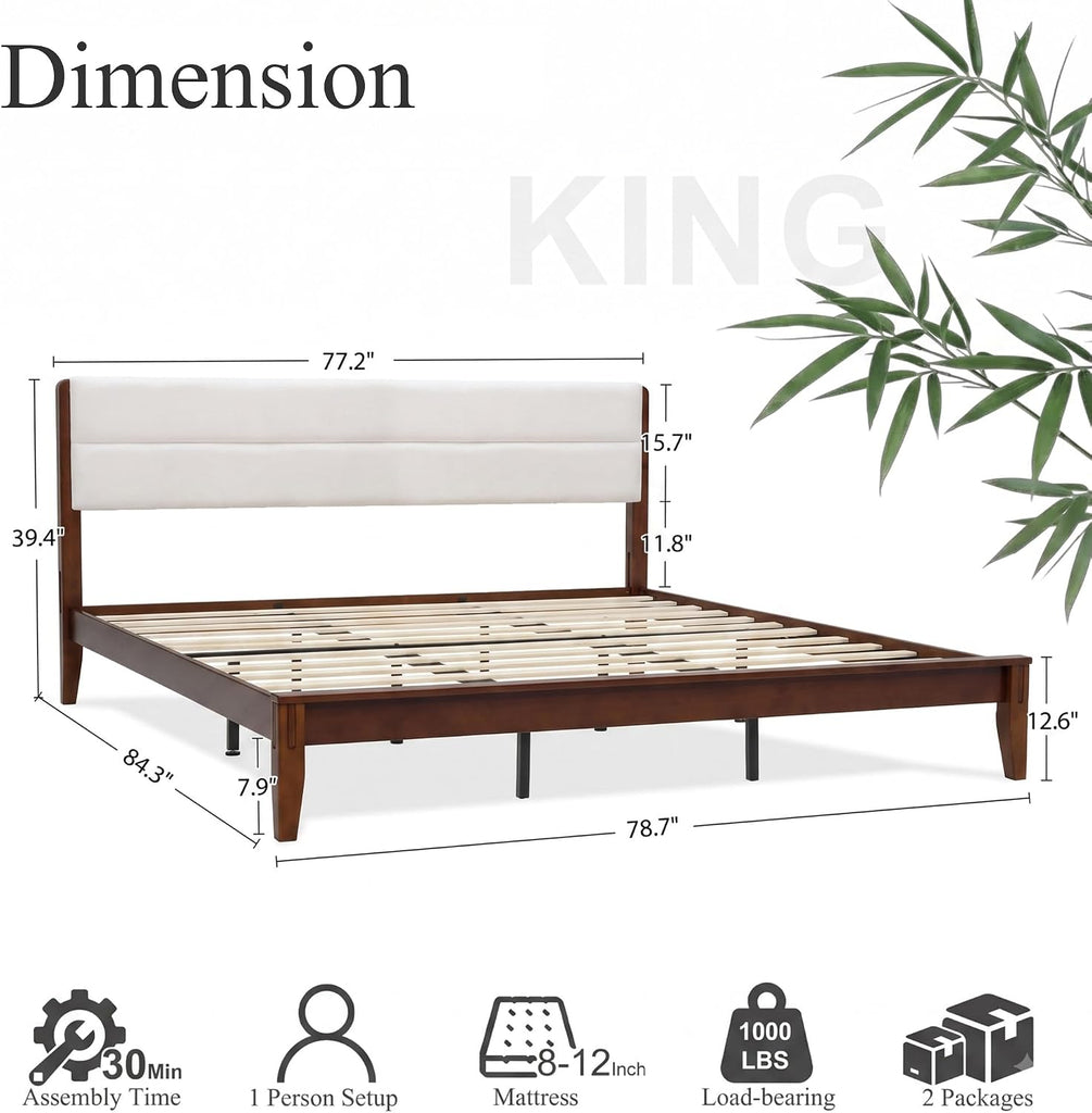 Japanese-Inspired Joinery Bed Frame with Upholstered Headboard