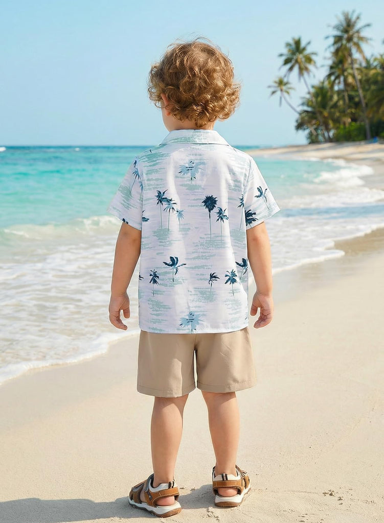 Toddler Baby Boy Outfits Summer Clothes Kids Coconut Trees Pattern Short Sleeve Button Down Shirt & Elastic Waist