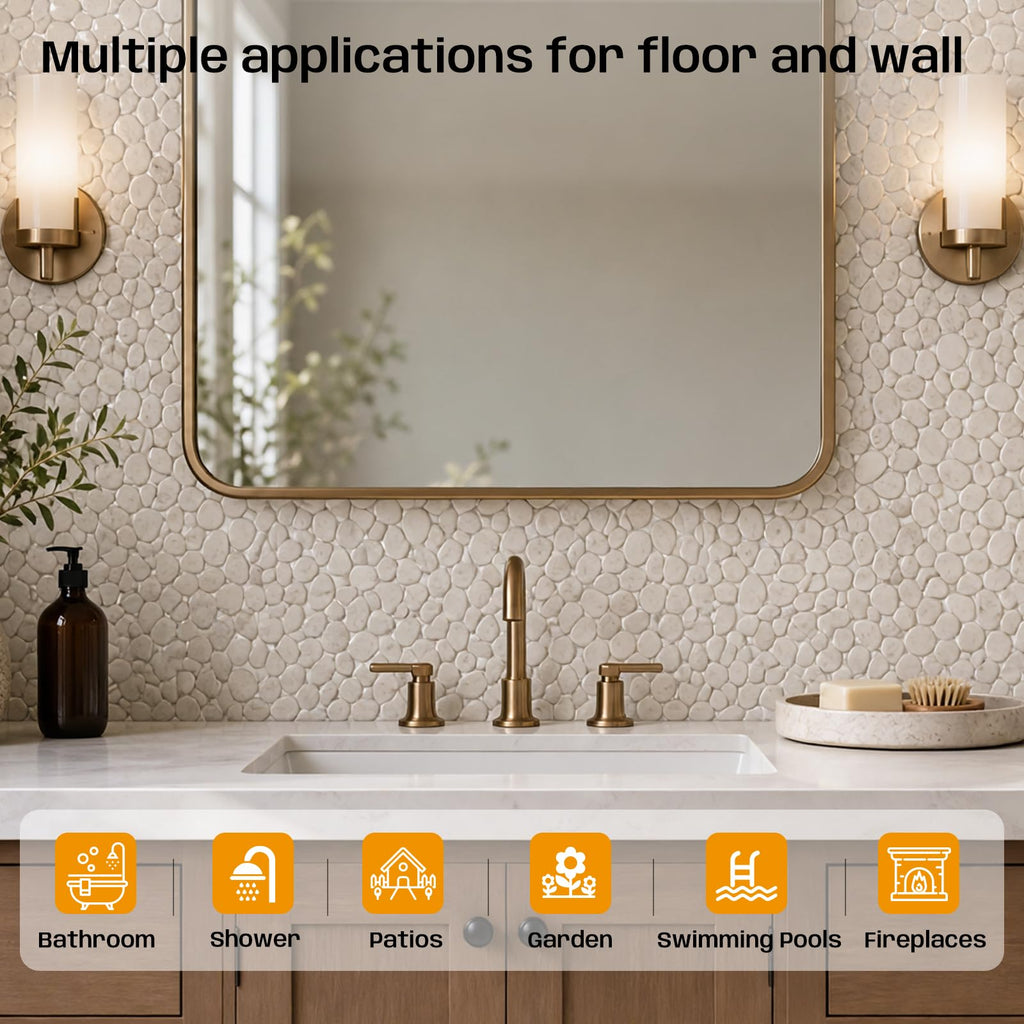 Beige Pebble Mosaic Tile, 12"X12" Pebble Floor Tiles, 8 Sheets
