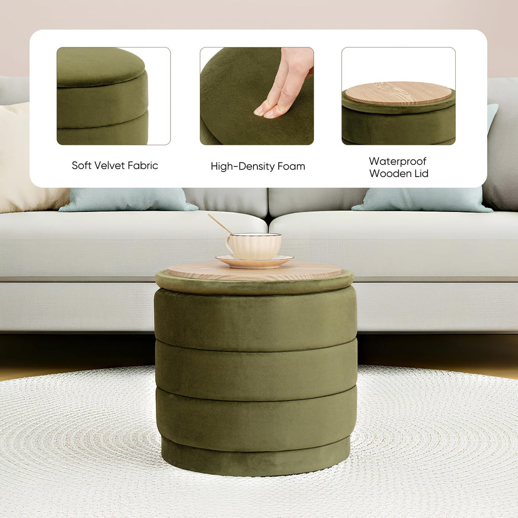 Round Storage Ottoman, 15.4" Velvet Footstool, Olive Green