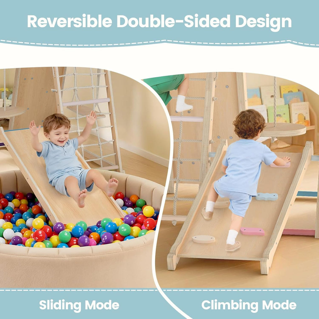 Indoor Jungle Gym, 9 in 1 Wooden Montessori Baby Climbing Toys with Adjustable 2 Swings Ramp, Monkey Bar Basketball