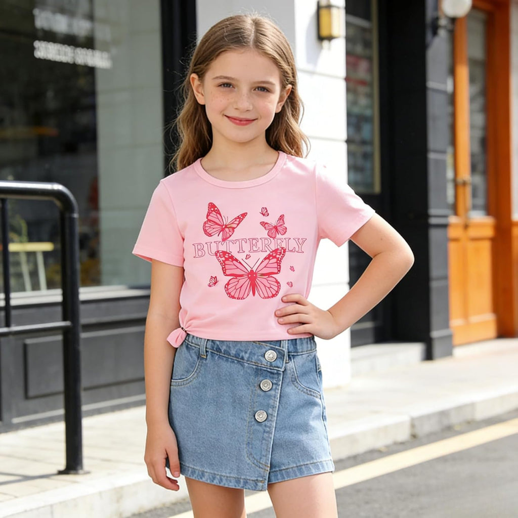 Girls Clothes 2PCS Butterfly Print Short Sleeve T-Shirt Denim Skirt Shorts Set Teen Tween Girls Summer Outfits Set