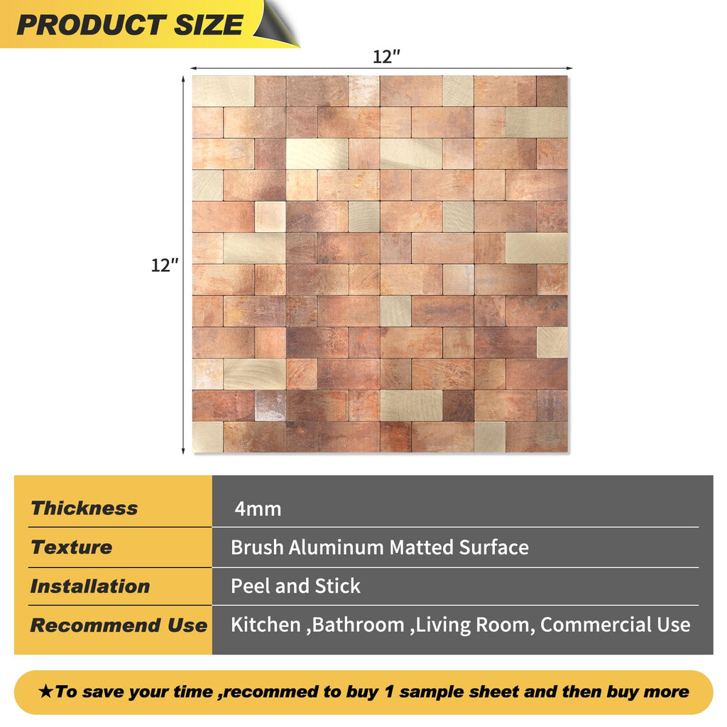 Peel and Stick Backsplash Tile, Stick on Stainless Steel Backsplash Metal Tiles Walls in Copper (12''x12'',10 Sheets)