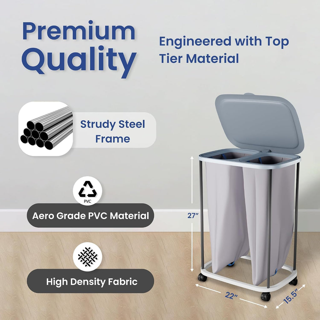 Dual Section 90L Laundry Basket with Wheels and Lid - Tall divided Double Laundry Hamper with 2 Removable Washable