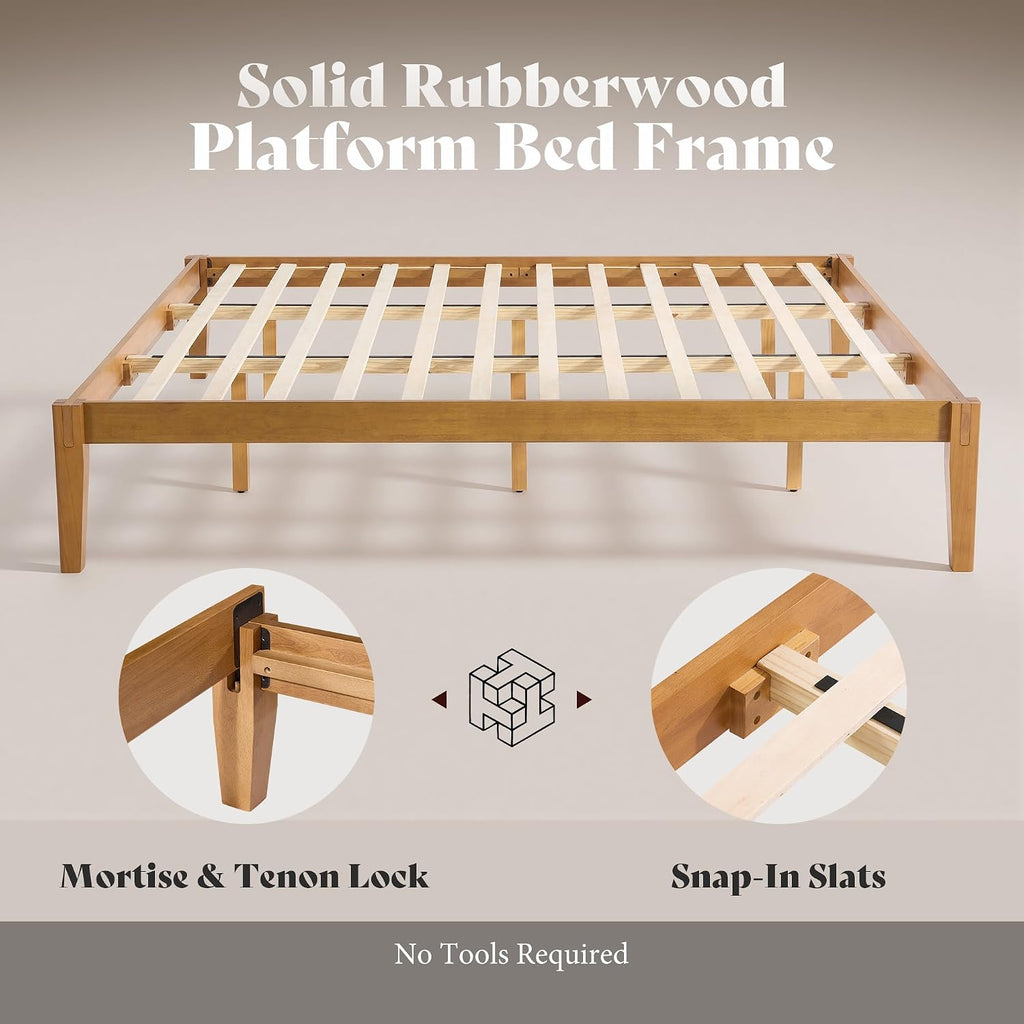 Solid Wood Bed Frame, Tool-Free, Japanese Joinery, Brown