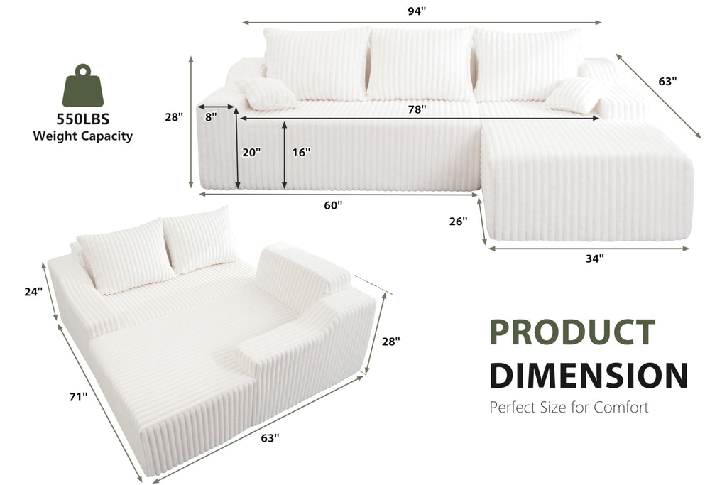 94'' Cloud Sectional Couch, Boneless Sofa with Deep Seat, Modular Comfy L-Shape Couch with Chaise Bedroom, No