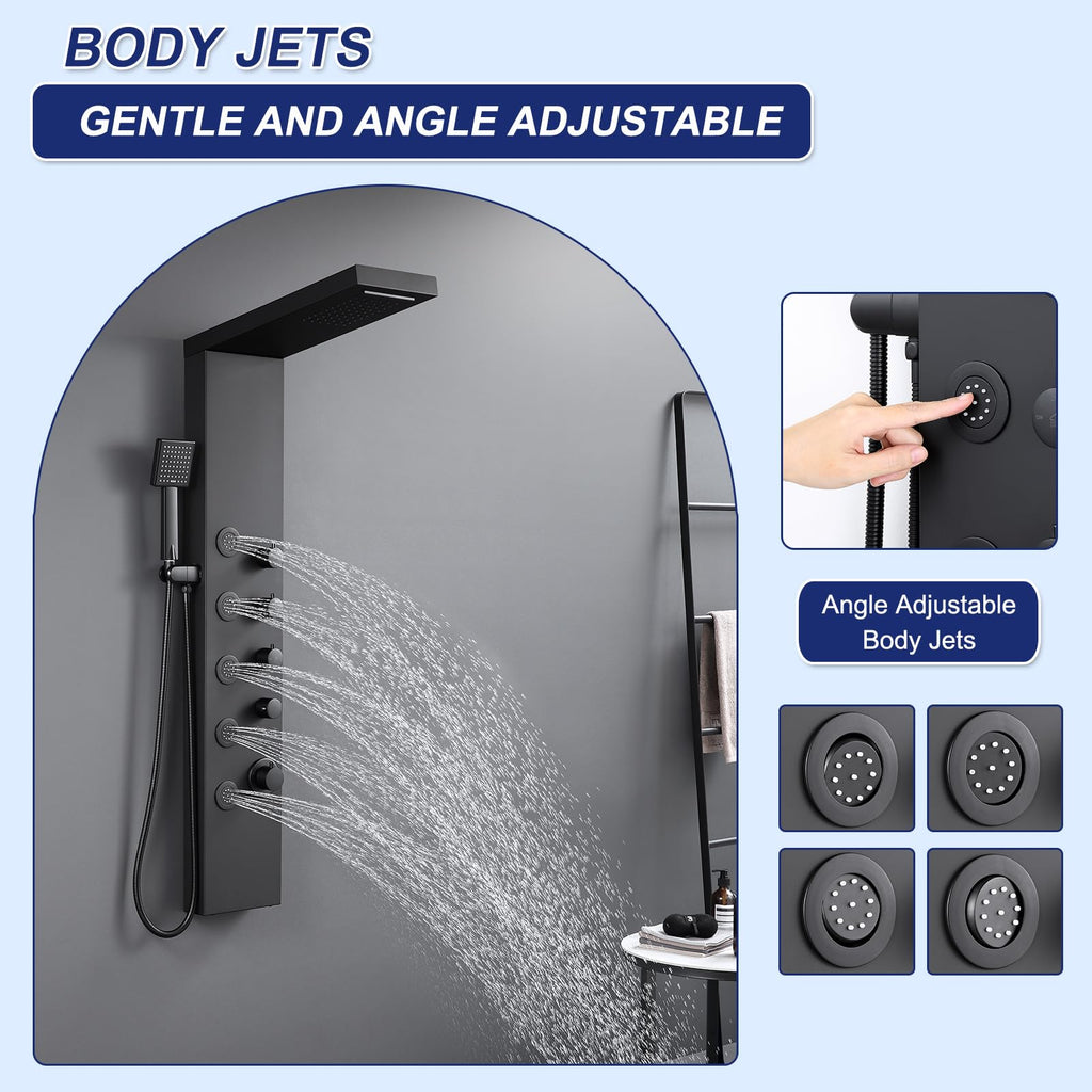 4-in-1 Rainfall Waterfall Shower Panel Tower System, Matte Black