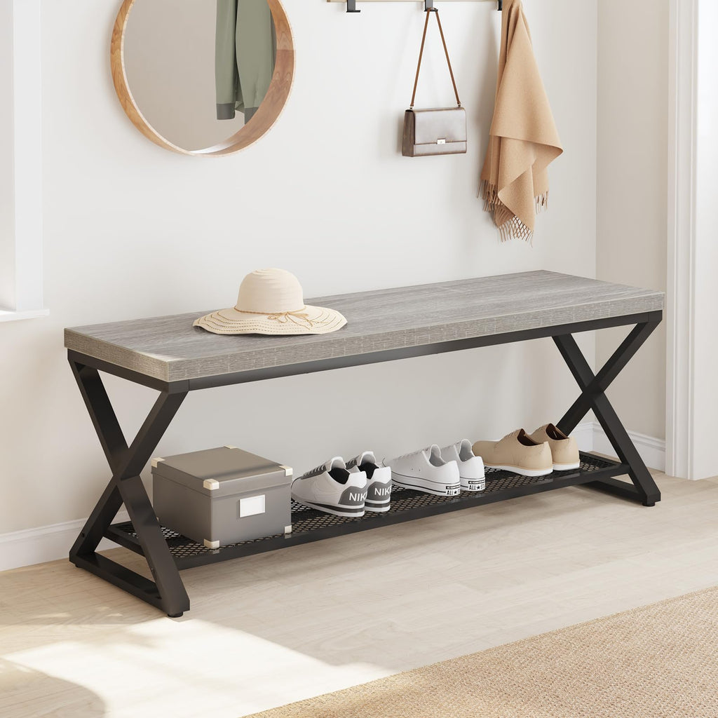 Grey Entryway Bench with Storage, 47" Indoor Shoe Bench with Seating, Modern Storage Benchs Foyer Entrance, Wood and