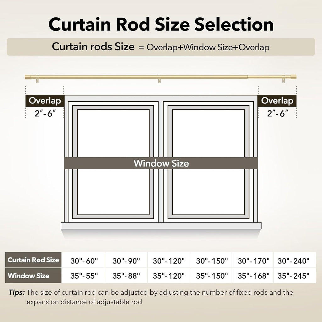 Heavy Duty Curtain Rods for Windows 66 to 120 Inch, 1 Inch Gold Curtain Rod Adjustable, Decorative Long Curtains Rods