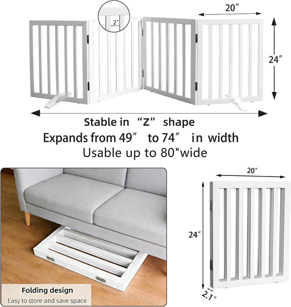 Freestanding Indoor Dog Gate Foldable Wood White Puppy Gate for Doorways Pet Gate for Stairs Extra Wide Pet Fence 24"