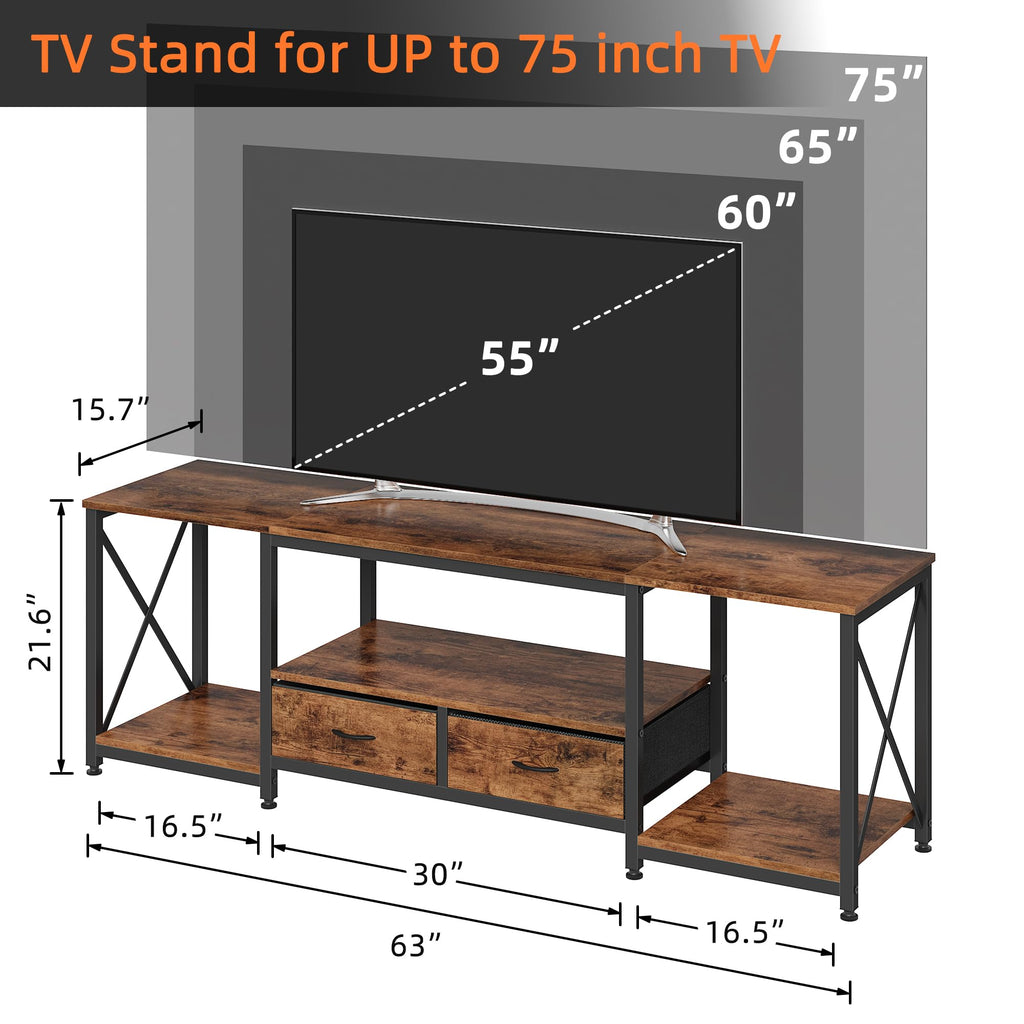 TV Stand with Fabric Drawers for 65 70 75 Inches TV - Entertainment Center and Industrial TV Console Table with Open