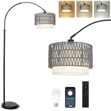 Boho Floor Lamps, Arc Floor Lamp with Remote and Dimmable Bulb, Over Couch Standing Lamp, Farmhouse Tall Lamp with 3