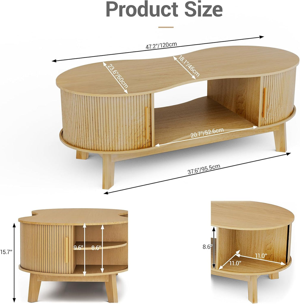 Coffee Table, Dual Oval Coffee Table with with Storage Cabinet and Sliding Tambour Door, 2-Tier Open Storage Shelf