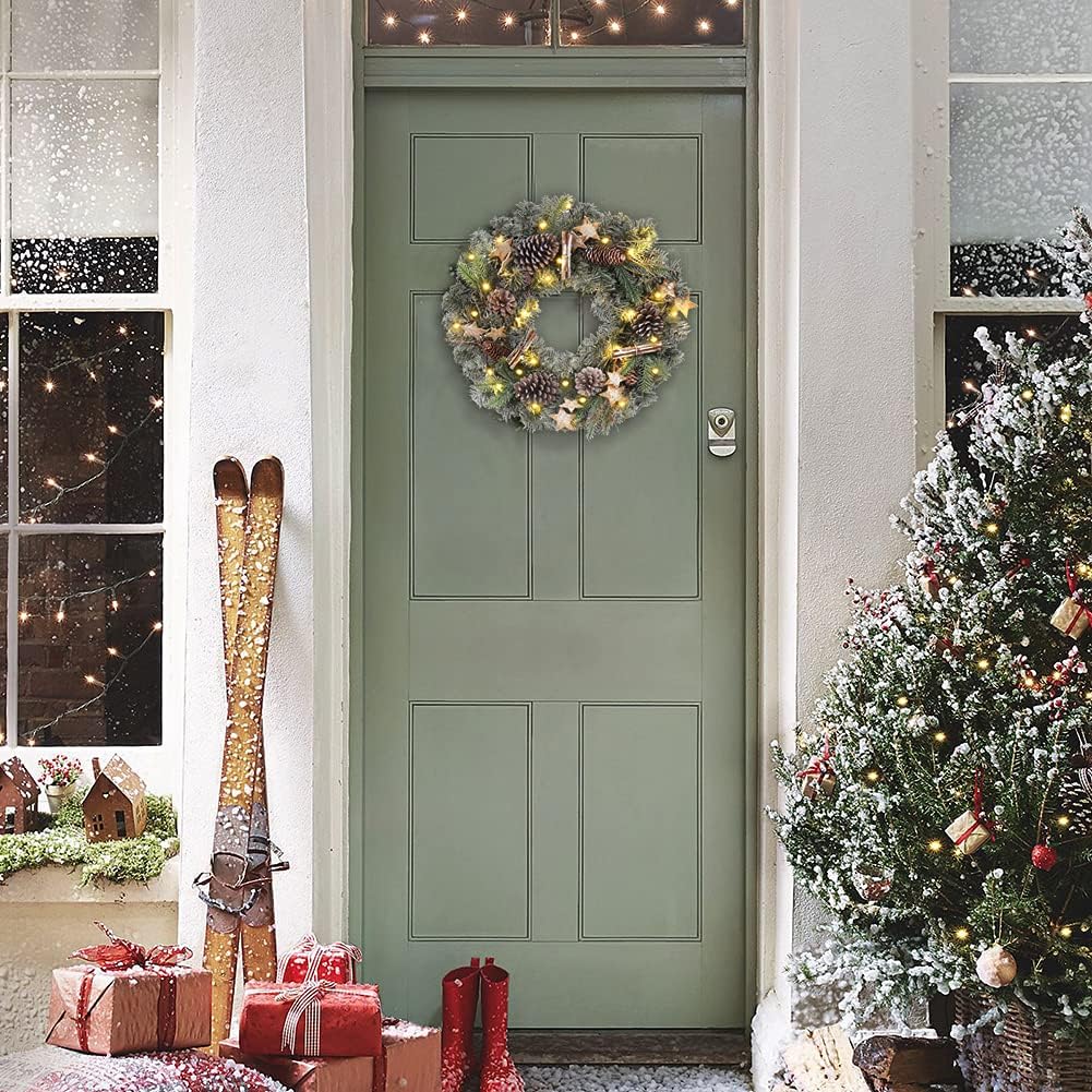 Christmas Wreaths for Front Door 20in Christmas Wreath with Pinecone Wood Stars Artificial Hanging Wreath for Xmas