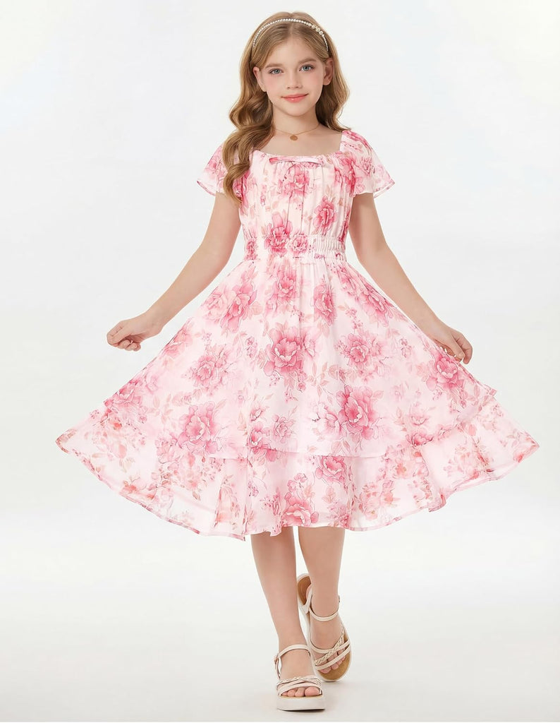 Girls Floral Summer Dress Flutter Sleeve Square Neck Midi Casual Dress for Girl