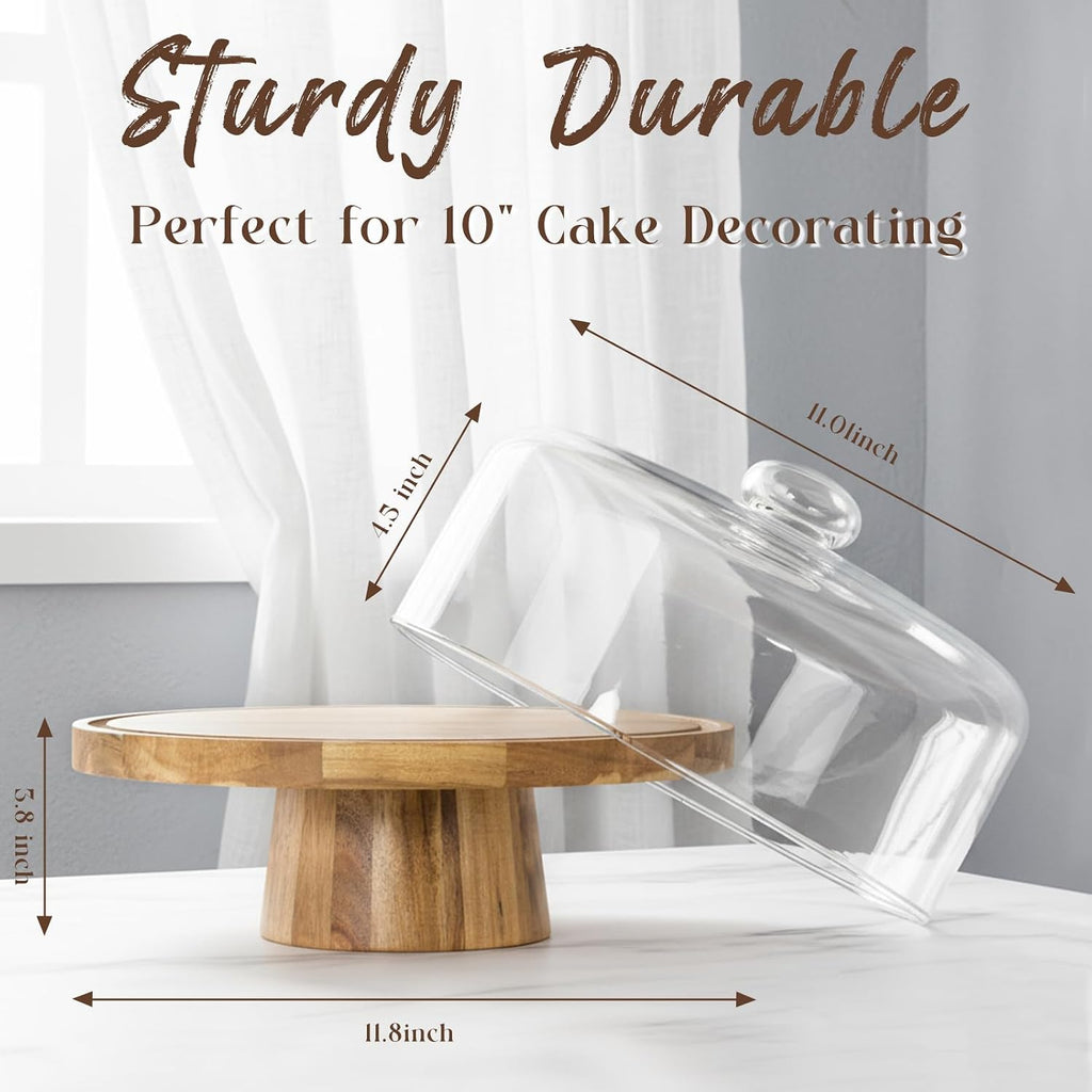 12-Inch Acacia Wood Cake Stand with Glass Lid