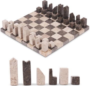 Modern Chess Set - Handcrafted Borderless Marble Chess Board with Minimalist Geometric Pieces, Luxury Decorative