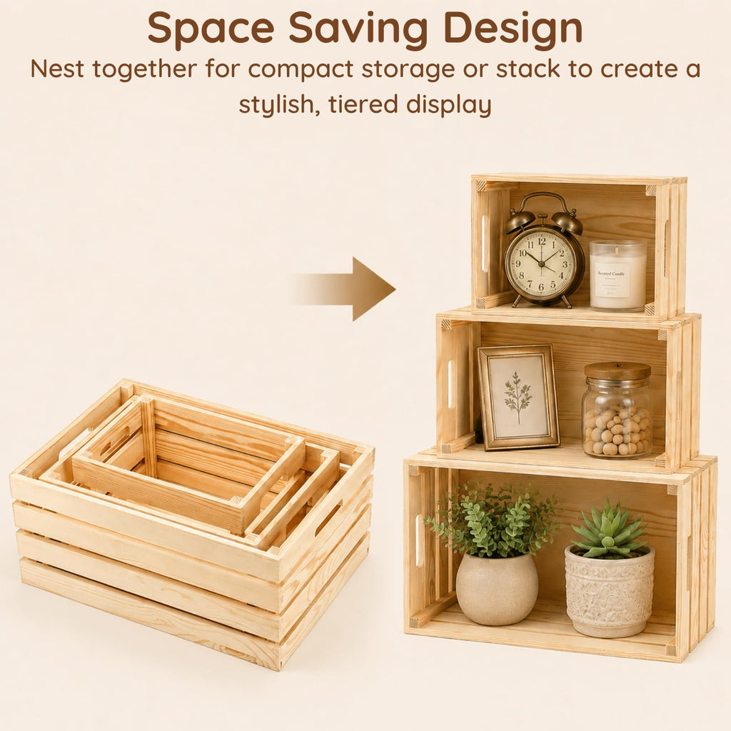 Set of 3 Small to Medium Rustic Wooden Nesting Crates with Handles, Decorative Tabletop Wooden Storage Box Counter