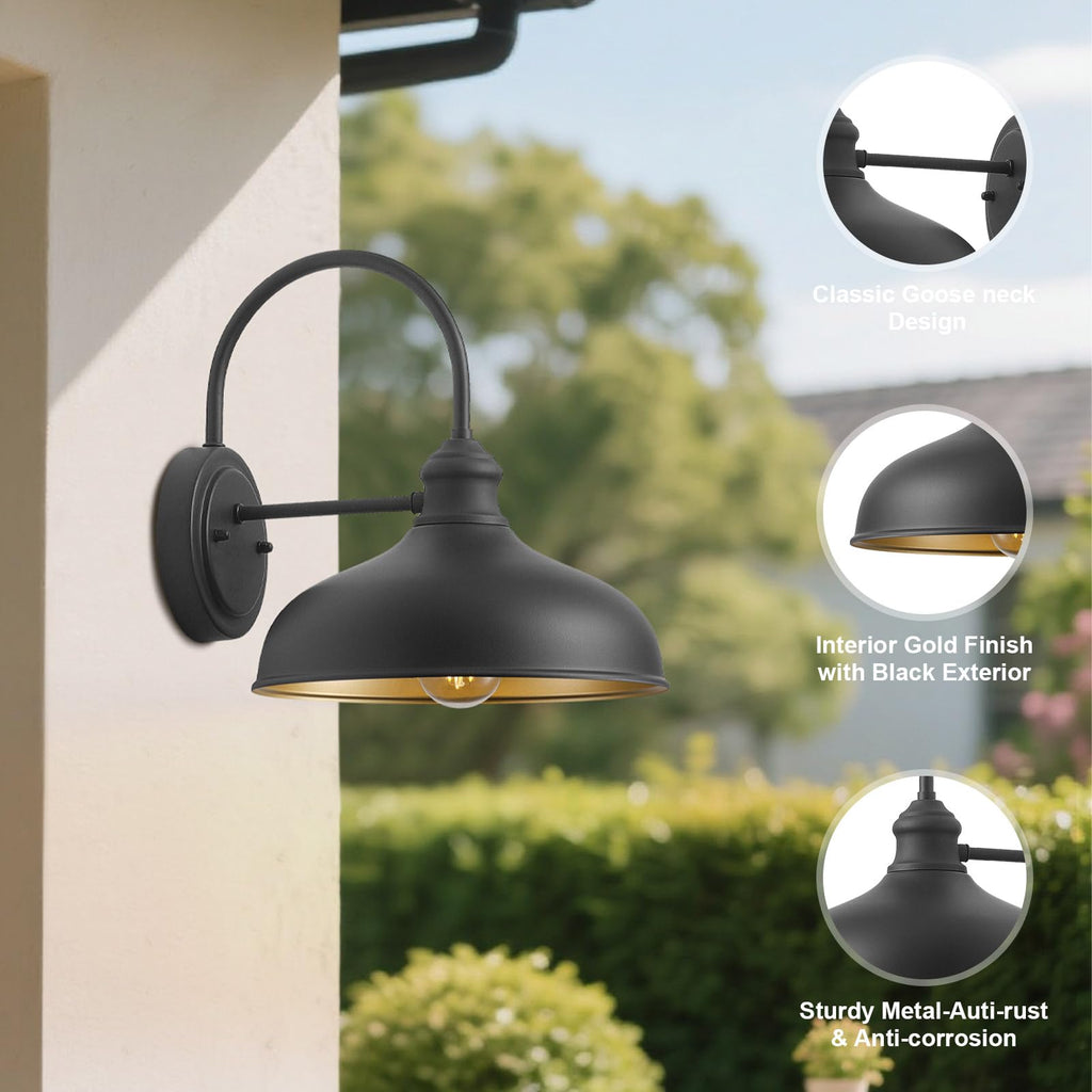 10" Dome Barn Lights for Farmhouse, Matte Black Gooseneck Outdoor Light Fixture, Exterior Porch Lighting with Wall