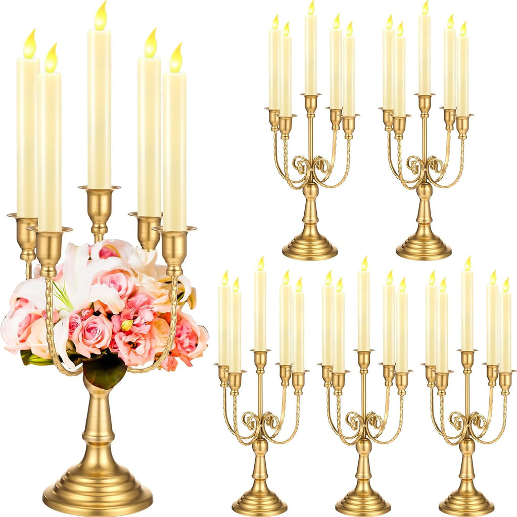 6 Pcs Gold Candelabra Candle Holders 5 Arm 12" Metal Candlestick Holder Gold Candelabra Centerpieces for Tables