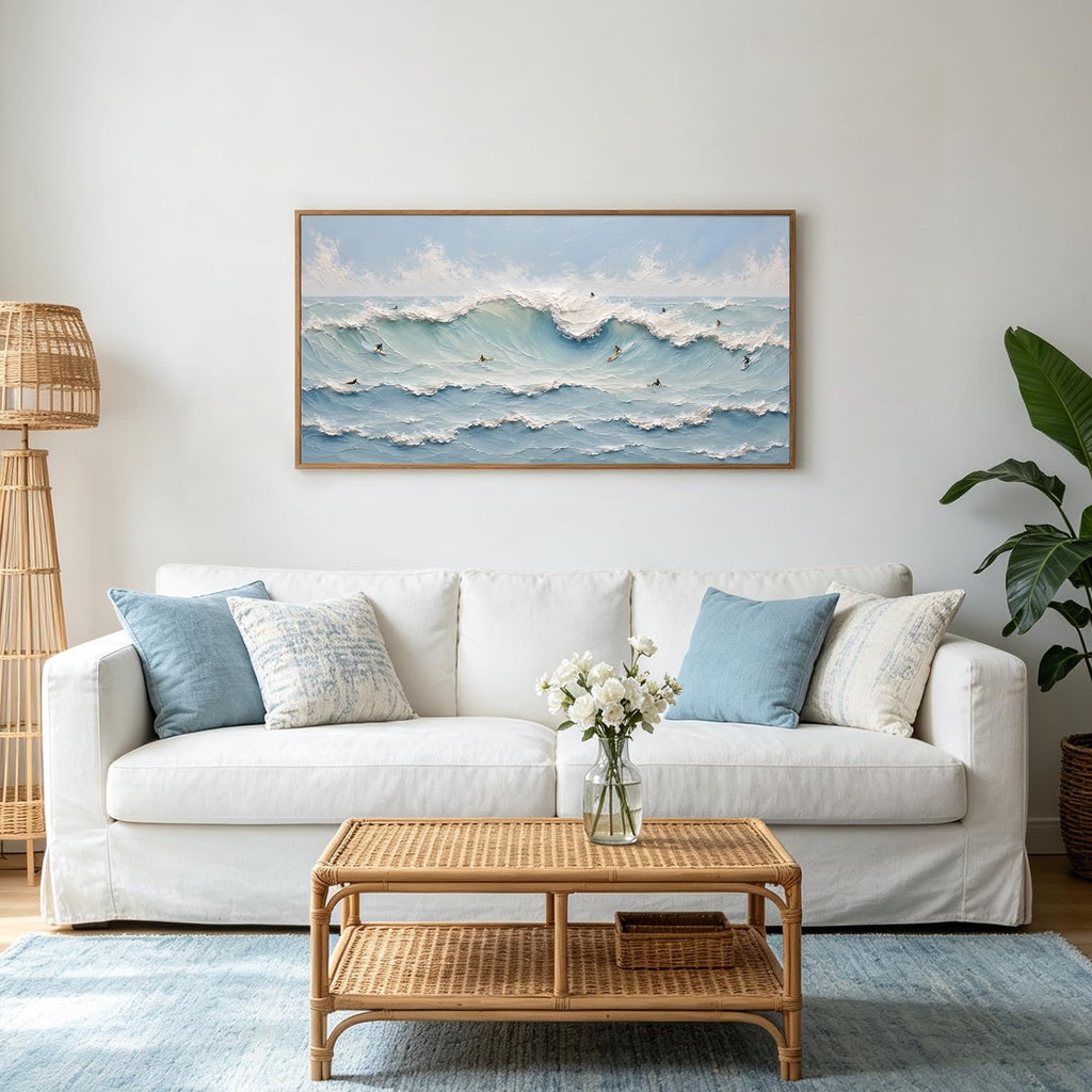 3D Textured Blue Coastal Surfing Framed Canvas Wall Art 40x20 Inch