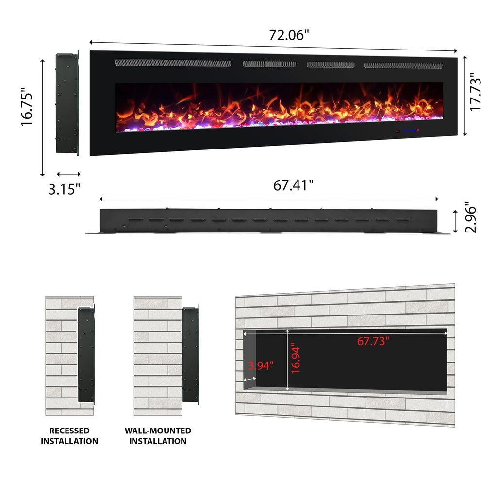 72" Electric Fireplace Insert, Ultra Thin Linear Fireplace Heater, Wall Mounted Recessed, Adjustable Flames&